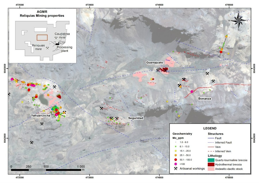 Figure1: Map of the Yahuarcocha – Guanajato prospect area; displaying the most significant lithological units, as well as geochemical values for molybdenum from rock samples. Inset map shows the location of the target area within the Reliquias property block. (CNW Group/Silver Mountain Resources Inc.)