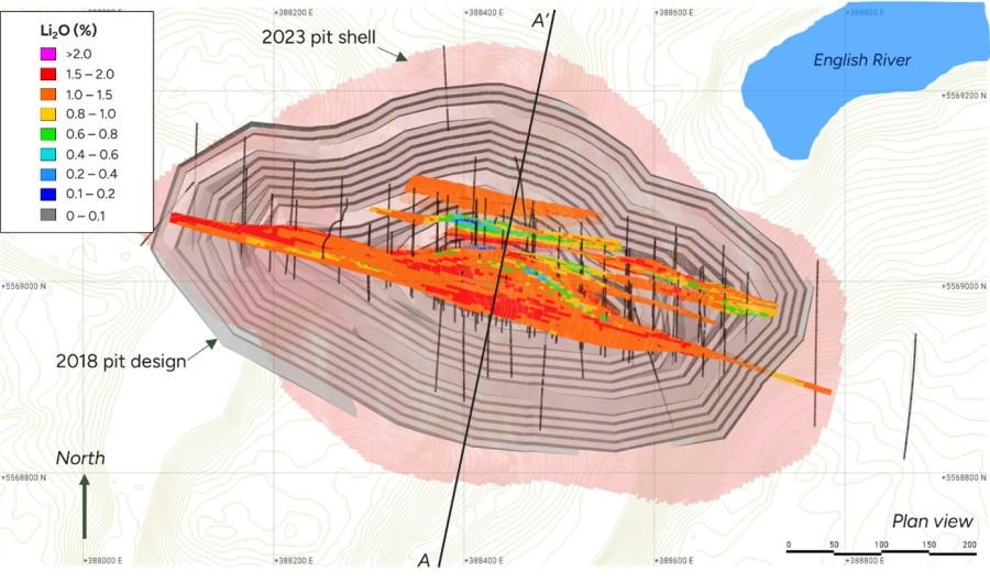 Figure 1:  2023 Resource Pit Shell, 2018 PEA Pit Design, and 2023 Block Grades (CNW Group/Avalon Advanced Materials Inc.)
