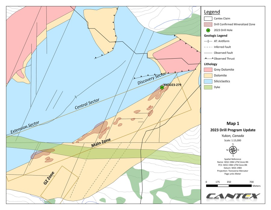 Map 1. 2023 Drill program update (CNW Group/Cantex Mine Development Corp.)