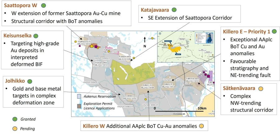 Figure 1. Locations of the five granted exploration permits (Saattopora W, Keisunselka, Jolhikko, Katajavaara, and Killero E) within the Northern Finland Gold-Copper Project. (CNW Group/Capella Minerals Limited)