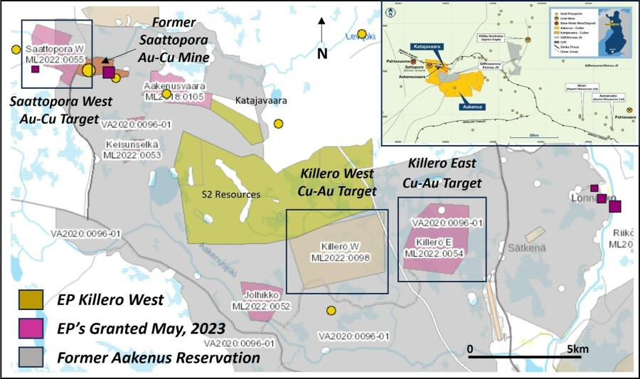 Figure 1. Location of the newly-granted Killero West permit plus the five exploration permits  granted in May, 2023 (Saattopora W, Keisunselka, Jolhikko, Katajavaara, and Killero East) in the Northern Finland Gold-Copper Project. (CNW Group/Capella Minerals Limited)