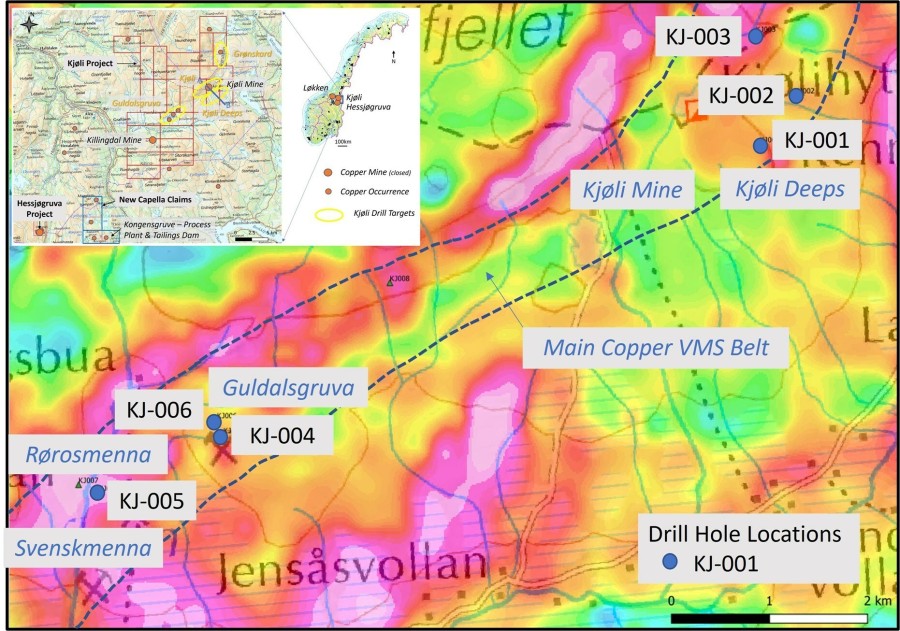 Figure 1. Location of the Kjøli Deeps and Kjøli Mine drill holes, overlain on airborne EM data. (CNW Group/Capella Minerals Limited)