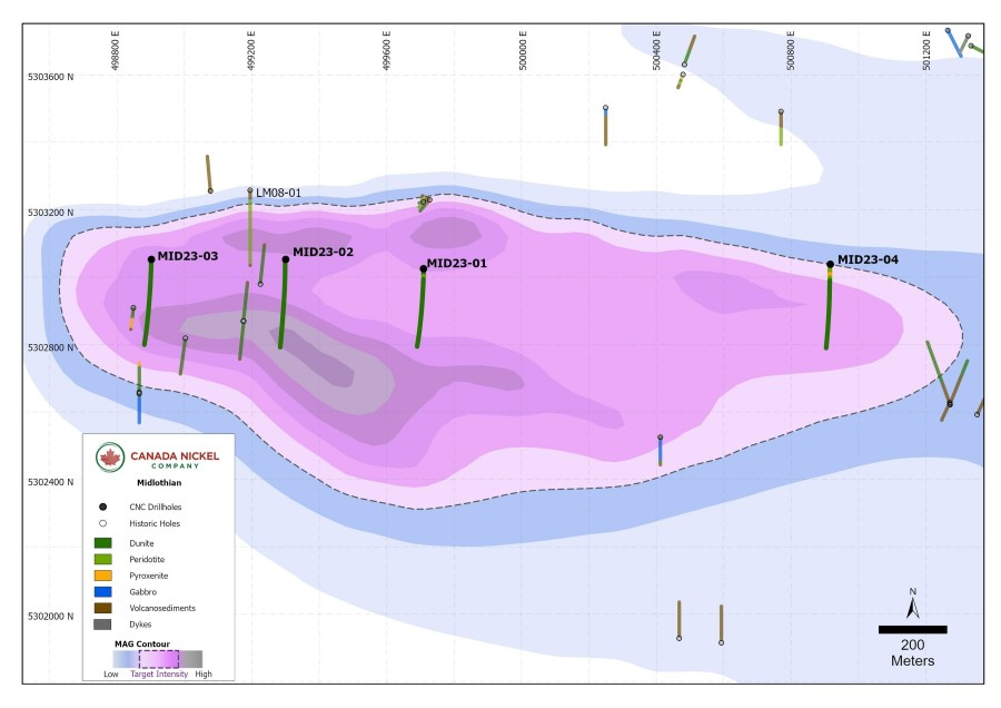 Figure 1 – Plan View of Midlothian – Current and Historic Drilling Overlain on Total Magnetic Intensity (CNW Group/Canada Nickel Company Inc.)