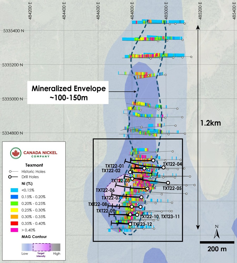 Figure 1 – Plan View of Texmont – Historic Drill results Overlain on TMI (CNW Group/Canada Nickel Company Inc.)