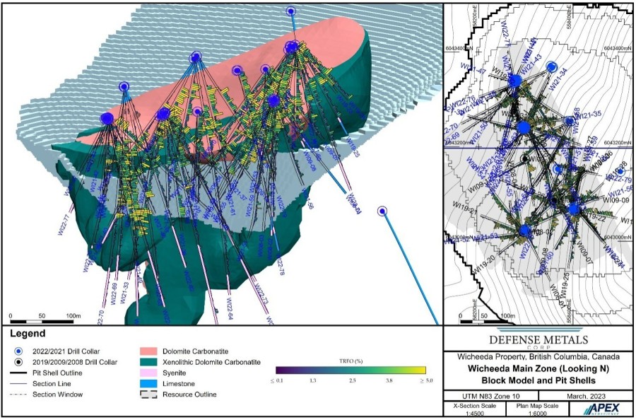 Figure 1: Wicheeda Deposit Updated Geological Model Showing PEA Mineral Resource Pit Shell (isometric view looking east) (CNW Group/Defense Metals Corp.)