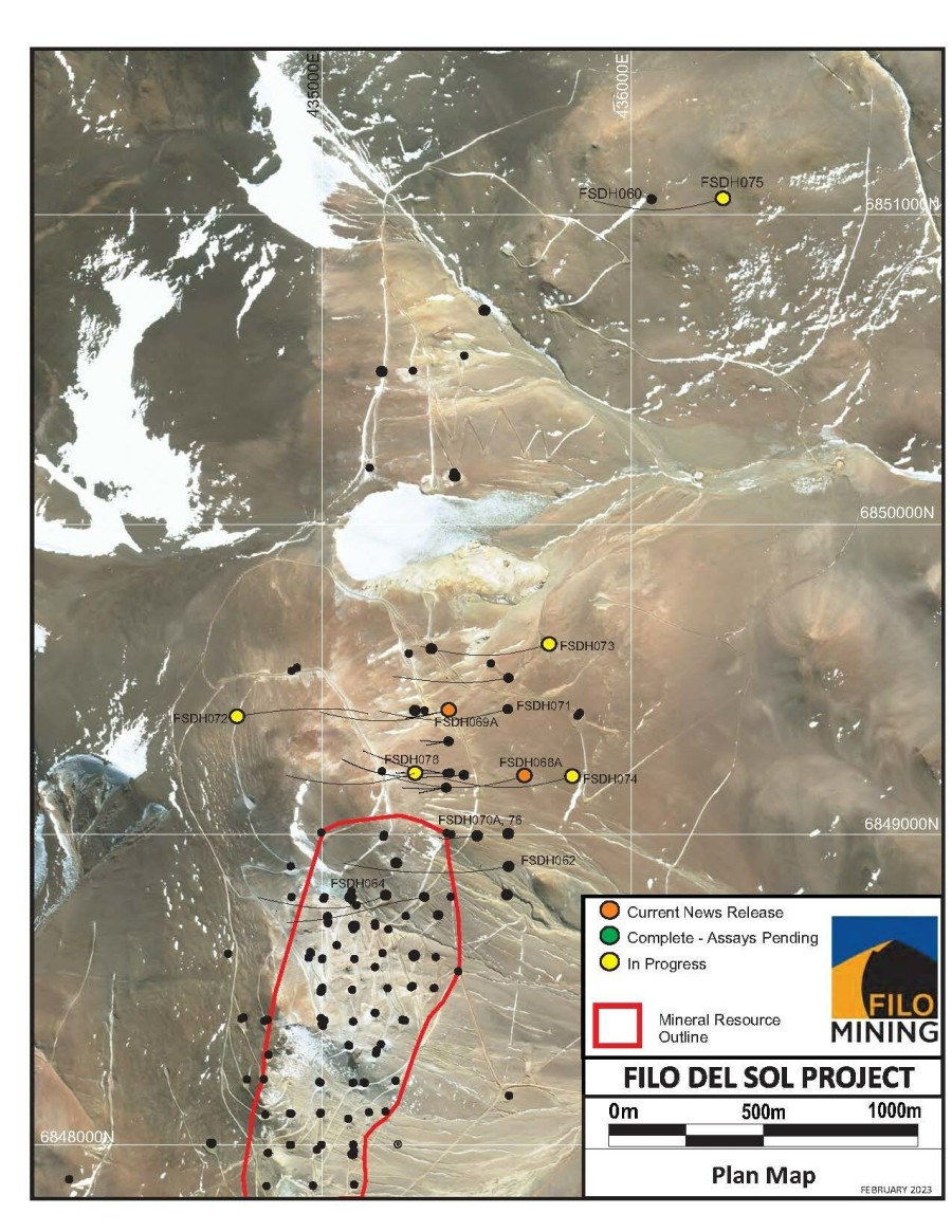 Filo Mining Base Map with Sat Image February 2023. Hole 68A + 69A. (CNW Group/Filo Mining Corp.)