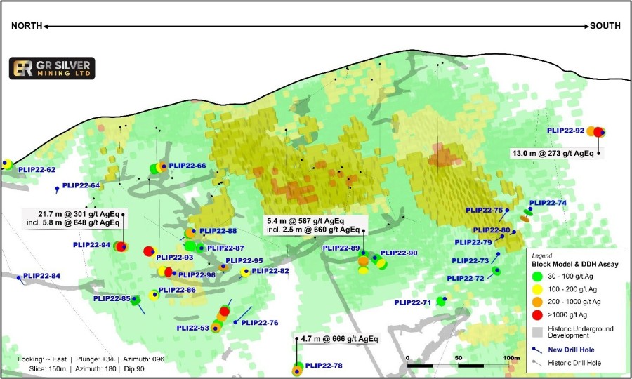 Figure 1:   Location of Selected Drill Holes – Plomosas Mine Area Upper Levels, Longitudinal Section (CNW Group/GR Silver Mining Ltd.)