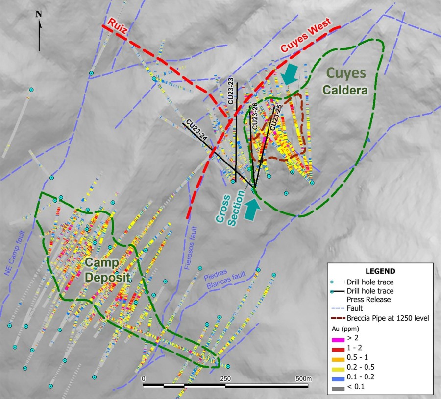 Figure 1. Plan map showing location of the Camp, Cuyes, and Cuyes West deposits. (CNW Group/Luminex Resources Corp.)