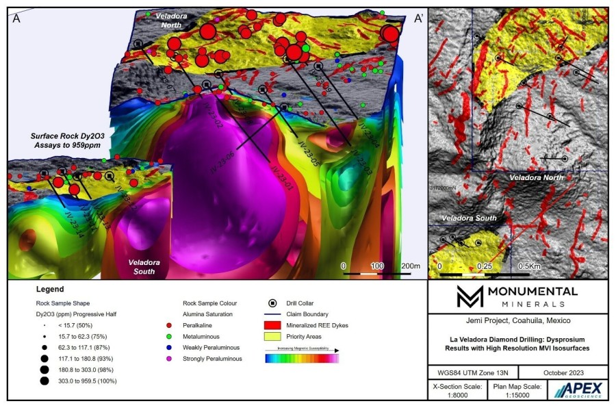 Figure 1. La Veladorra area diamond drill hole locations (oblique view looking North). (CNW Group/Monumental Minerals Corp.)