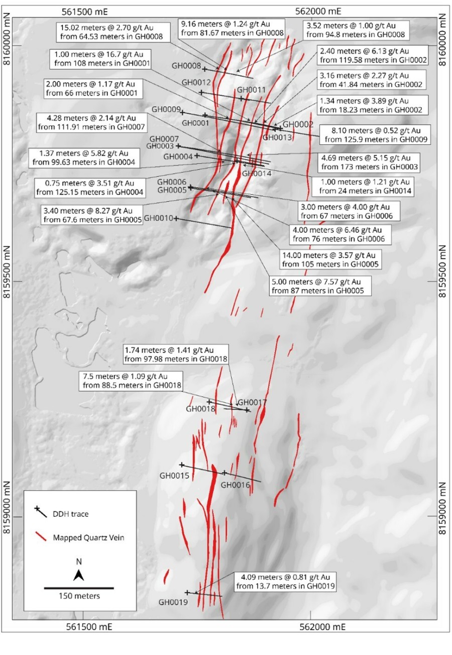 Figure 1: Plainview map showing 2022 drill holes at La Escarcha and Gabby with highlight intercepts. (CNW Group/Mantaro Precious Metals Corp.)