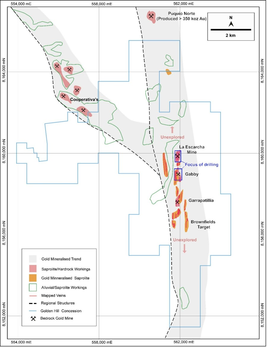 Figure 1: Property map of Golden Hill, showing the extent of gold mineralisation on the property. (CNW Group/Mantaro Precious Metals Corp.)