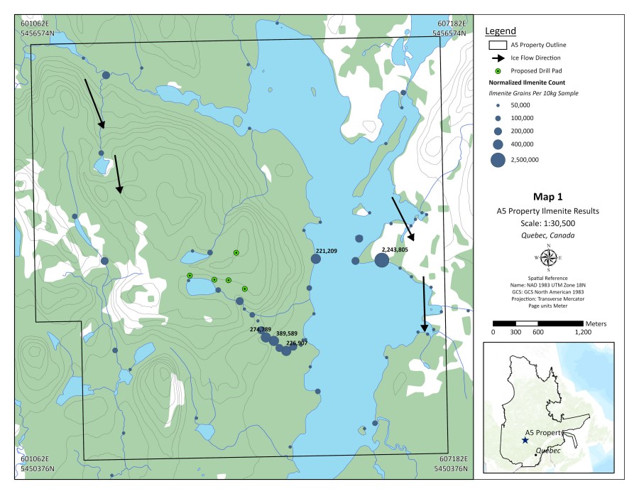 Map 1.  Ilmenite counts in heavy mineral samples in claim block A5. (CNW Group/Metalex Ventures Ltd.)