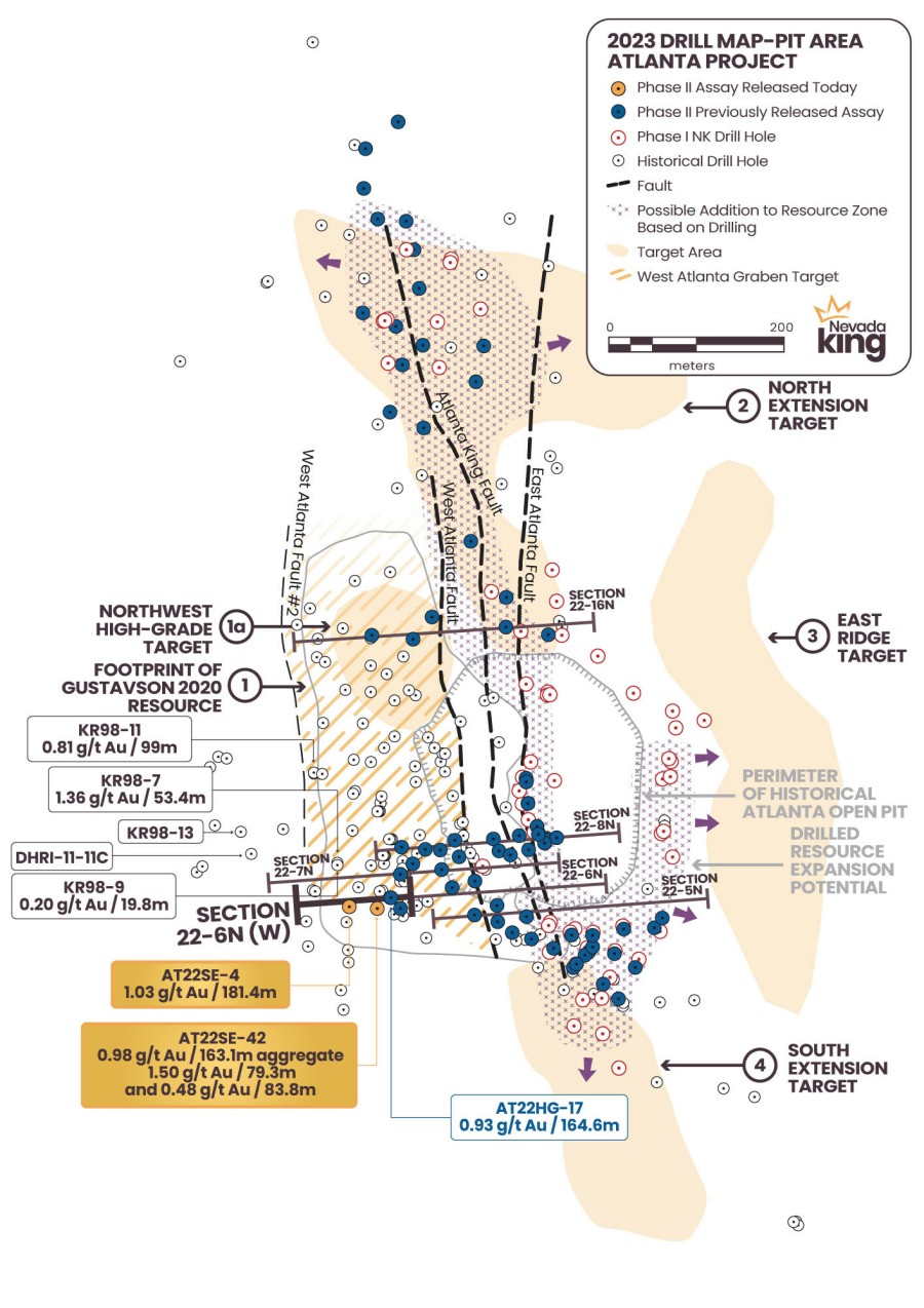 Figure 1. Location map for holes reported in this news release along drill Section 22-6N (W) relative to the perimeter of the historical Atlanta Pit and footprint of the Gustavson 2020 NI 43-101 resource.  Shallow drillholes on the mine dumps have been removed from the plot for clarity. (CNW Group/Nevada King Gold Corp.)