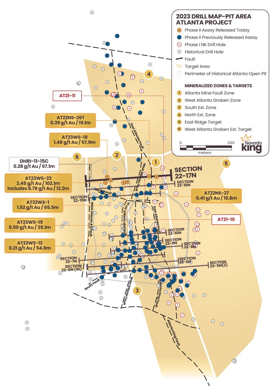 Figure 1.  Location map for the hole reported in this news release along drill Section22-17N relative to the perimeter of the historical Atlanta Pit. Shallow drillholes on the mine dumps have been removed from the plot for clarity. (CNW Group/Nevada King Gold Corp.)