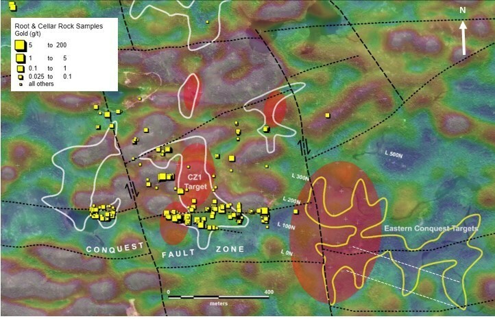 Map showing target areas derived from the 2021 IP survey shown in white and the Eastern Conquest Target (in yellow) that was primarily identified by its distinct magnetic low signature. Red-shaded areas show approximate locations of IP chargeability anomalies derived from the interpretation of preliminary pseudo-sections from the current IP survey. Lines 000N and 100N are being extended eastward (white dashed lines) to better cover the target areas. (CNW Group/Northern Shield Resources Inc.)