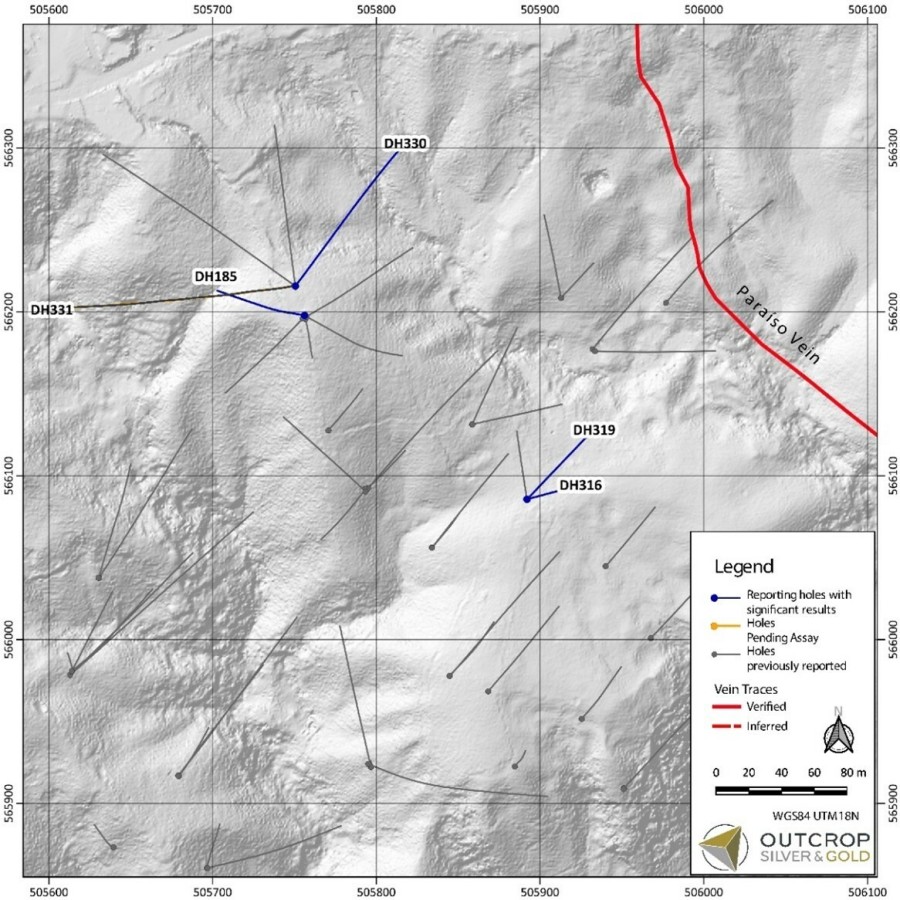 Map 1. Megapozo target area with drill hole traces along the Paraiso vein. (CNW Group/Outcrop Silver & Gold Corporation)