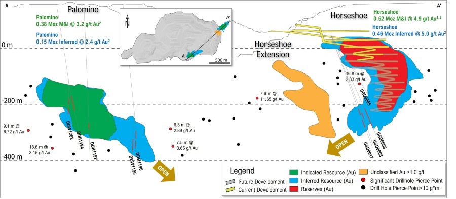 Figure 1: Long section (looking north-west) showing Palomino and Horseshoe with new drillhole results annotated
Note: Significant intercepts are classified as grade >1.5g/t Au and length >3m with g/t x thickness >12g/t*m (CNW Group/OceanaGold Corporation)