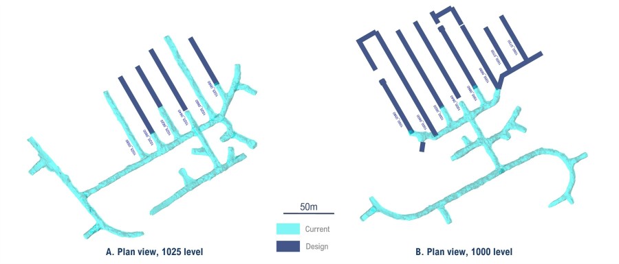 Figure 1: Plan view of 1025 level (A) and 1000 level (B) showing actual development (light blue) and planned development (dark blue) as at September 11, 2023. (CNW Group/OceanaGold Corporation)
