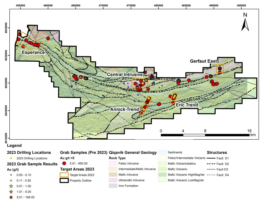 Figure 1: Map of the Qiqavik gold belt property with locations of 2023 work highlighted.  Note that grab samples are selective by nature and values reported may not be representative of mineralized zones. (CNW Group/Orford Mining Corporation)