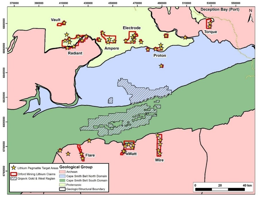 Figure 1: Map of Orford’s Nunavik Lithium Properties showing the Lithium Pegmatite target areas.  These properties have never been explored for lithium or other minerals, despite showing very anomalous geochemistry in grab samples from government mapping data and lake bottom sediment data (CNW Group/Orford Mining Corporation)