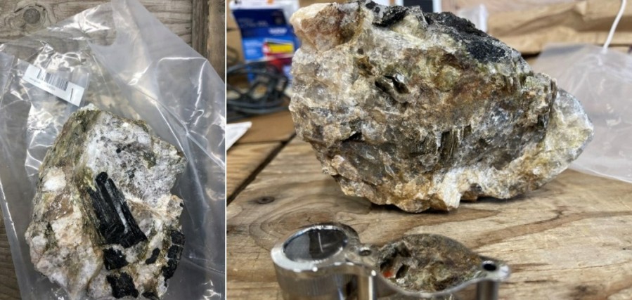Figure 1: Sample E5841334 (Left) and E5841524 (Right). Pegmatite grab samples from outcrop which fluoresce under ultraviolet light (indicative of lithium bearing minerals). These samples have yielded anomalous lithium by portable LIBS (Lazer Induced Breakdown Spectroscopy) in the range of 50 to 2600ppm Li. --- Note that grab samples are selective by nature and values reported may not be representative of mineralized zones. Note that LIBS measurements are spot measurements and are not representative of the entire sample collected. (CNW Group/Orford Mining Corporation)