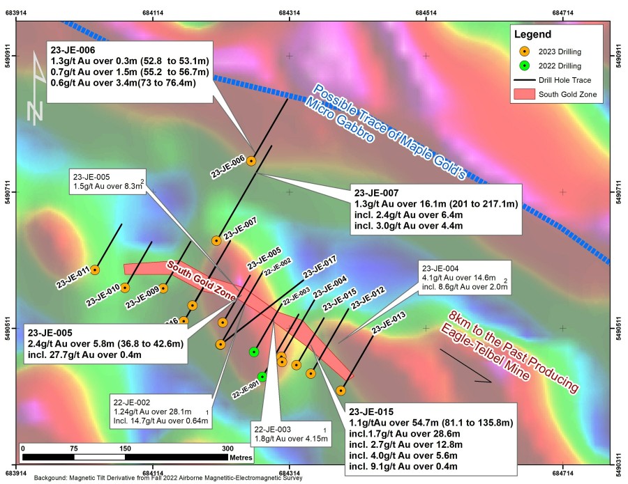 Figure 1: Map of the Joutel Eagle South Gold Zone Showing New Results and Completed Drilling.  Note that All drilling intervals are down-hole lengths. True thicknesses cannot be estimated with available information. Information on adjacent properties is not necessarily indicative of the potential on Orford’s Joutel Eagle Property[1][2] (CNW Group/Orford Mining Corporation)