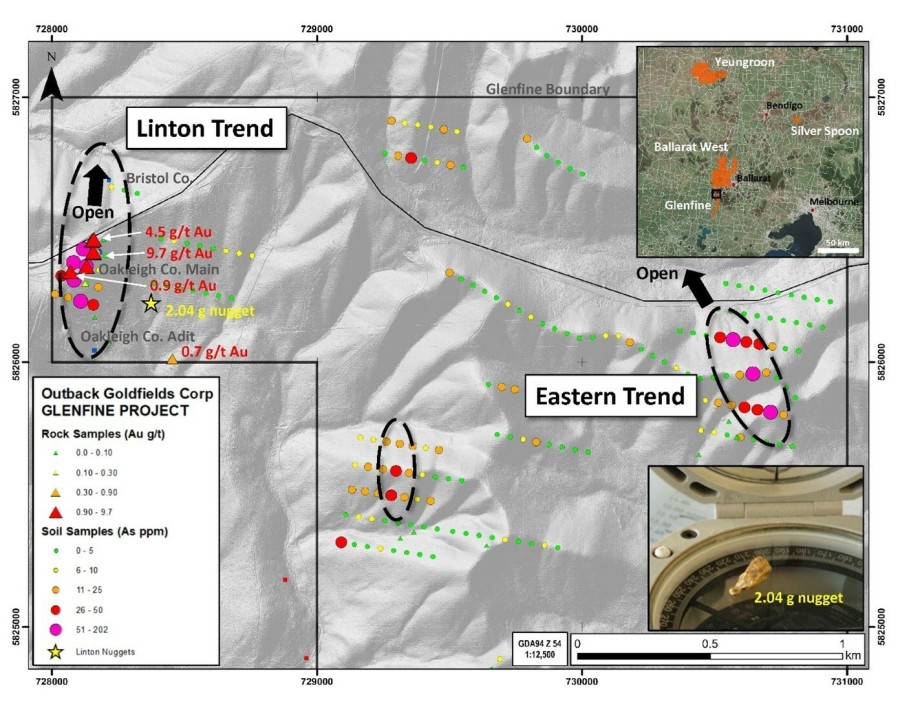 Figure 1  Linton target area showing rock and soil data as well as photo of 2.04 g gold nugget. (CNW Group/Outback Goldfields Corp.)