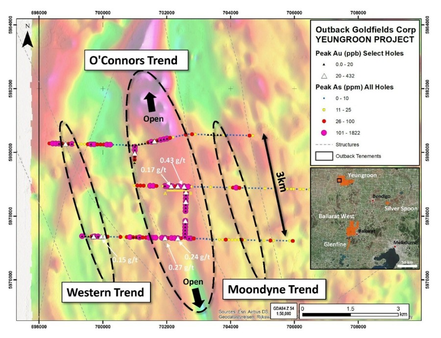 Figure 1 – Map showing the location of all the air-core holes with collars coloured by peak arsenic contents. Gold results are also shown from holes with samples that were analysed via fire assay. Gold results above 20 ppb Au are considered anomalous. Note the location of the A to B section line in Figure 2. Background map is reduced to pole magnetic geophysical data. (CNW Group/Outback Goldfields Corp.)