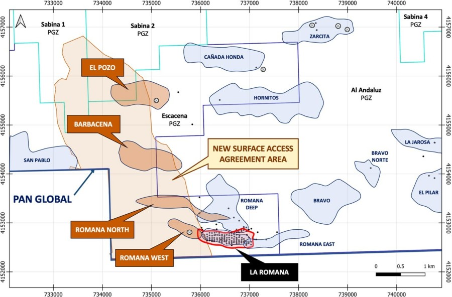 Figure 1 – Escacena Project Map highlighting the area covered by the new surface access agreement and target locations, including the La Romana discovery. (CNW Group/Pan Global Resources Inc.)