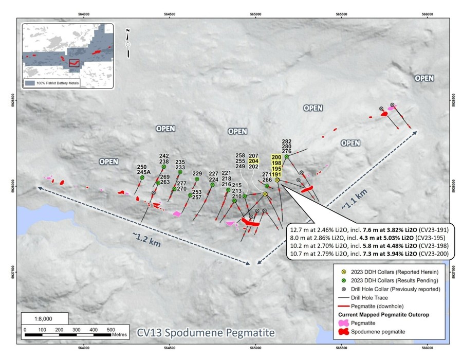 Figure 1: Drill holes completed at the CV13 Spodumene Pegmatite through October 9, 2023. (CNW Group/Patriot Battery Metals Inc)
