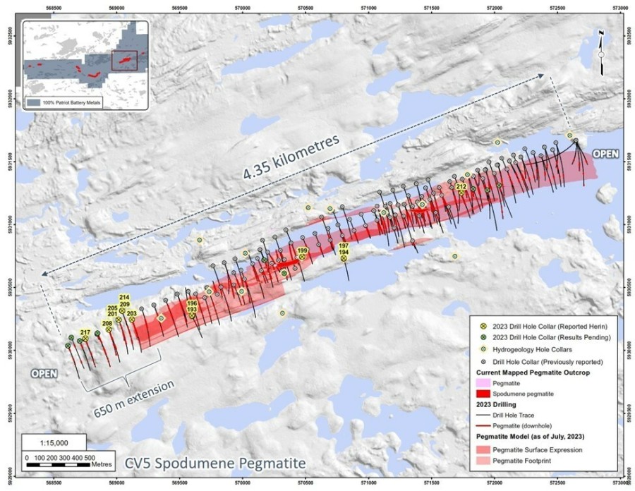 Figure 1: Drill holes completed at the CV5 Spodumene Pegmatite as announced September 24, 2023. (CNW Group/Patriot Battery Metals Inc)