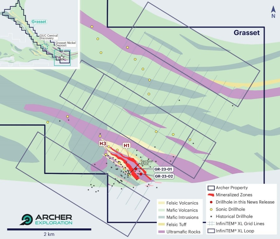 Figure 1: Grasset Pilot Hole Locations, Proposed Sonic Drill Holes, Geophysical Survey Coverage (CNW Group/Archer Exploration Corp)
