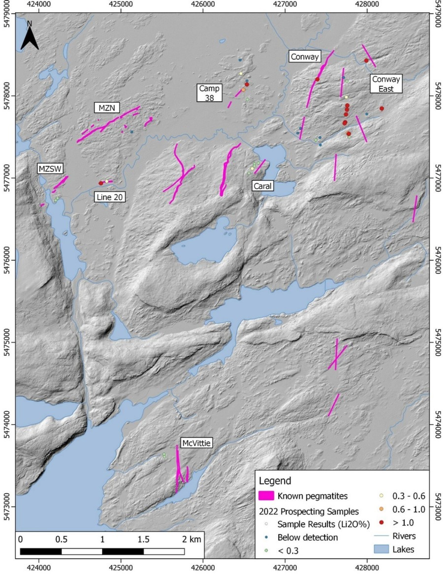 FIGURE 1 | Map showing location of northern spodumene-bearing deposits and prospects.  Rock Tech’s 2023 winter drilling programme focused on the MZN and McVittie prospects. Summer field exploration will focus on positive sample results from the 2022 field program. (CNW Group/Rock Tech Lithium Inc.)