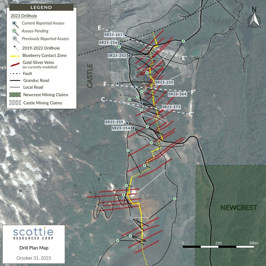Figure 1: Overview plan view map of the Scottie Gold Mine Project, illustrating the locations of the reported drill results, cross-sections (Figures 2 - 4), and the distribution of the modelled sulphide-rich cross-structures. (CNW Group/Scottie Resources Corp.)