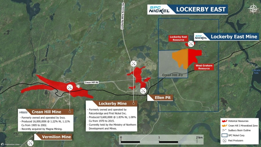 Figure 1: Aerial plan map of the Lockerby East area. The surface projection of the West Graham Resouce is shown in red and the interpreted contiguous mineralized zone of the Crean Hill 3 Property is shown in orange. Additional current and historic mineralized zones including the Crean Hill Mine (current and historic), Lockerby Mine (historic) and the Ellen Pit (historic) are also shown. (CNW Group/SPC Nickel Corp.)