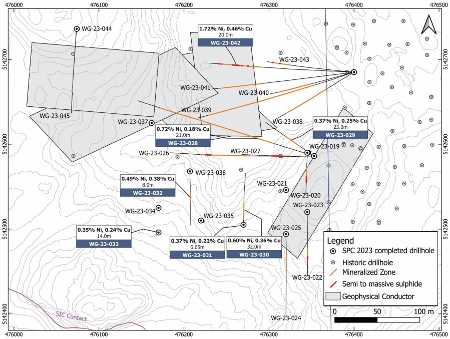 Figure 1: Plan map of the current area of drilling on the West Graham Project showing the collar locations and drill traces of the completed holes. Assay results for the reported holes are shown in callouts. Interval lengths reported above are downhole lengths. See Table 1 for true width estimations. (CNW Group/SPC Nickel Corp.)