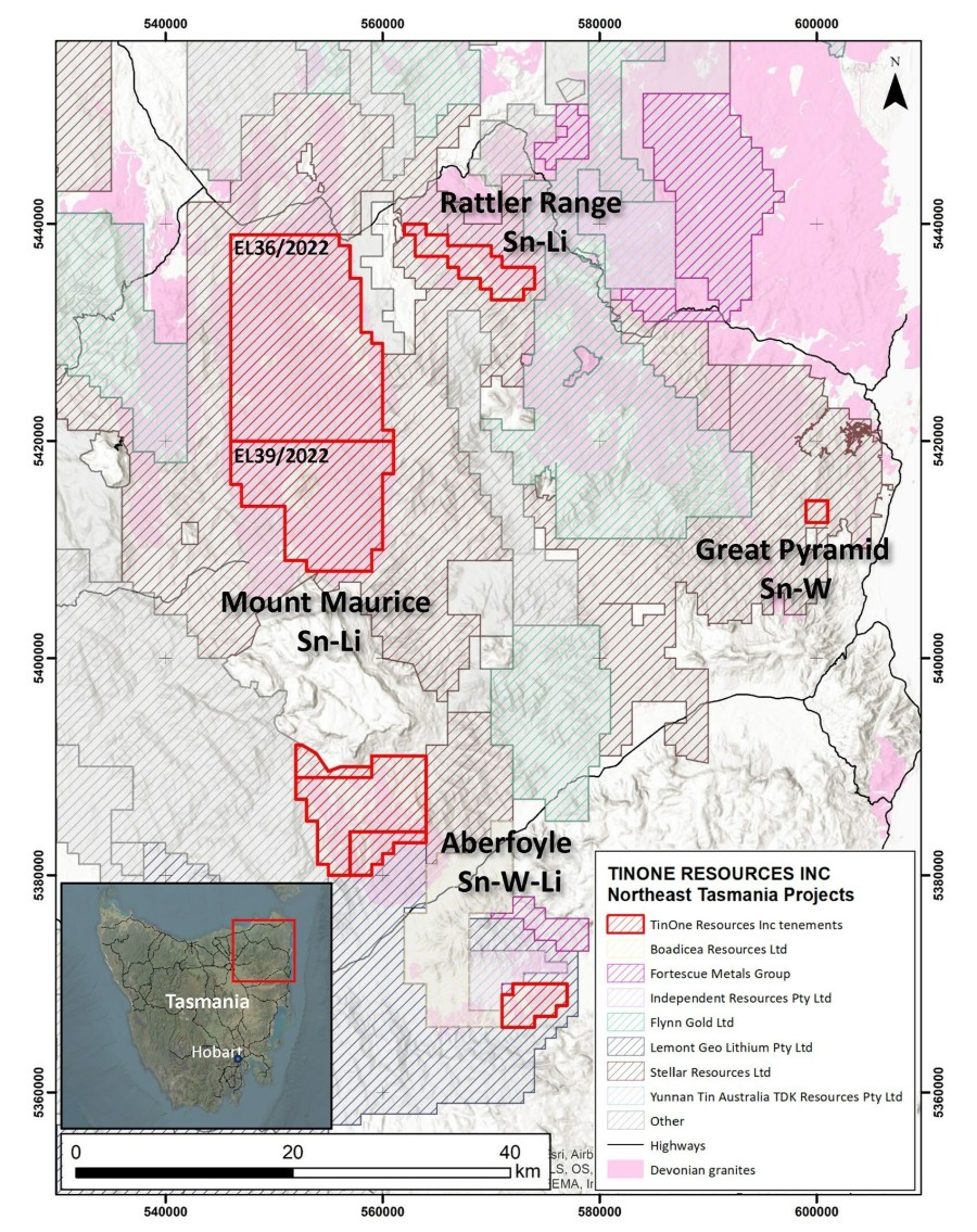 Figure 1:  Location of the Company’s exploration licences in the mining friendly jurisdiction of Tasmania Australia. Also shown are the location of known Devonian aged granite intrusions regionally associated with tin-tungsten±lithium mineralization. The location of tenements held by other companies in northeast Tasmania are also shown. (CNW Group/TinOne Resources Corp.)