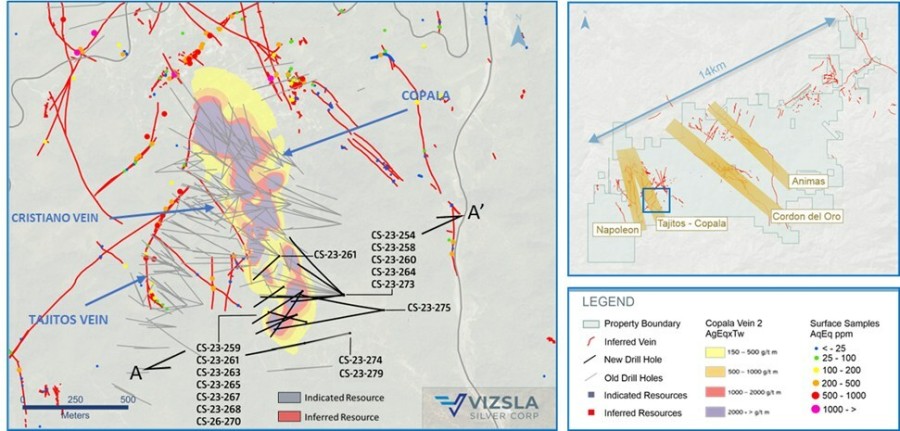 Figure 1: Plan map of recent drilling centered on the Copala structure. (CNW Group/Vizsla Silver Corp.)