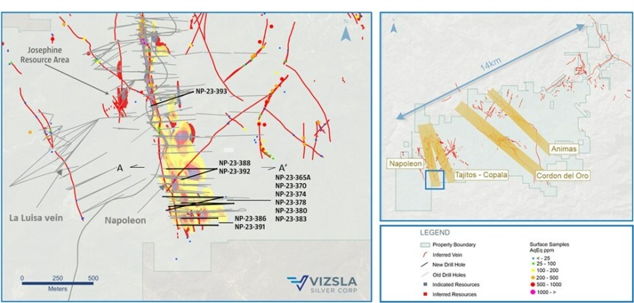Figure 1: Plan map of recent drilling along the Napoleon vein. (CNW Group/Vizsla Silver Corp.)