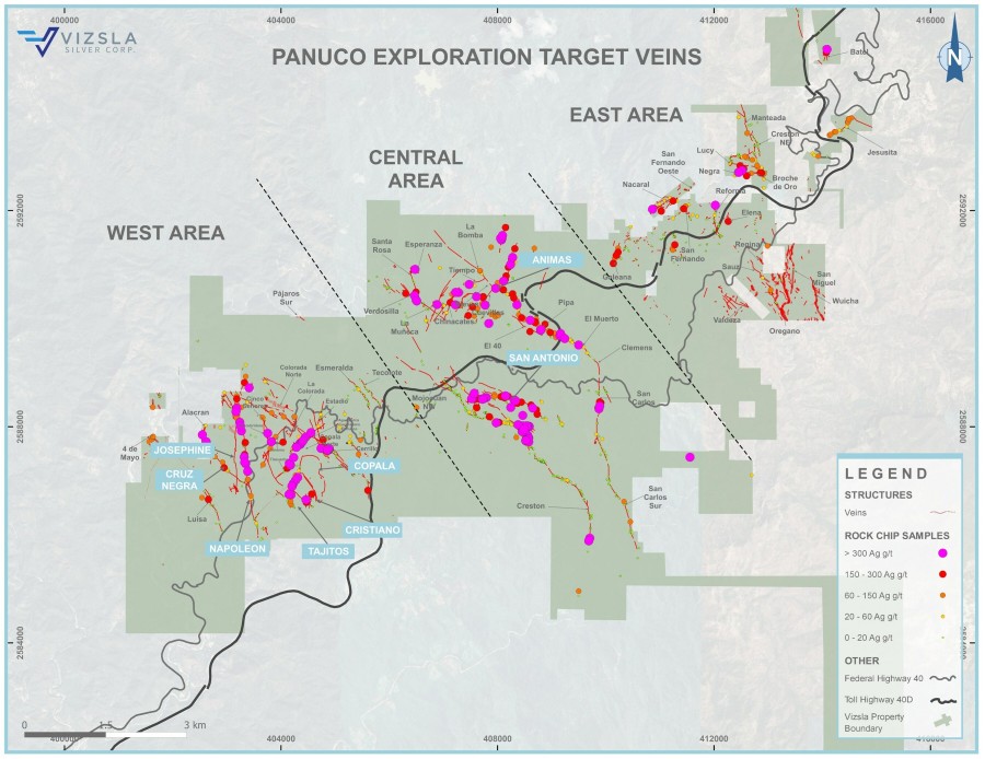 Figure 1: Plan map of the Panuco property highlighting major resource centers and primary exploration targets. (CNW Group/Vizsla Silver Corp.)