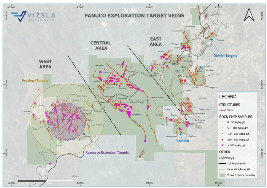 Figure 1: Plan map of the Panuco district highlighting primary exploration targets relative to mapped and sampled mineralized veins. The purple ellipse represents Resource Extension targets, the yellow ellipse represents Proximal targets, and the blue arrows represent distal District targets. (CNW Group/Vizsla Silver Corp.)