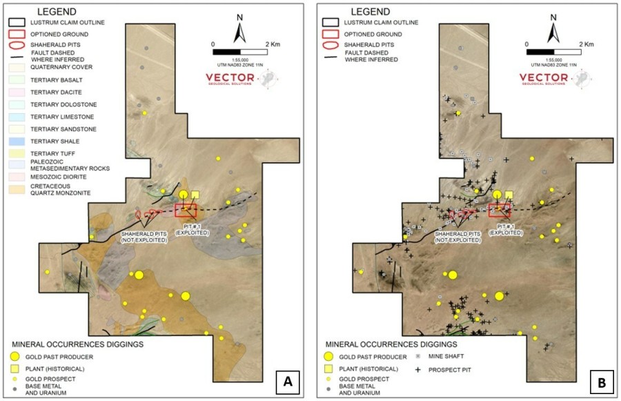 Figure 1 – Kramer Hills geology and gold occurrences (1A) and the distribution of mineral occurrences, mine shafts and prospect pits (1B); Shaharald historical open pit #1 (1C,1D); Shaharald historical shaft (1E); silica-clay-goethite-jarosite altered clastic metasedimentary rocks exposed in the Shaharald historical open pit #1 (1F, 1G, 1H). (CNW Group/Zacapa Resources)