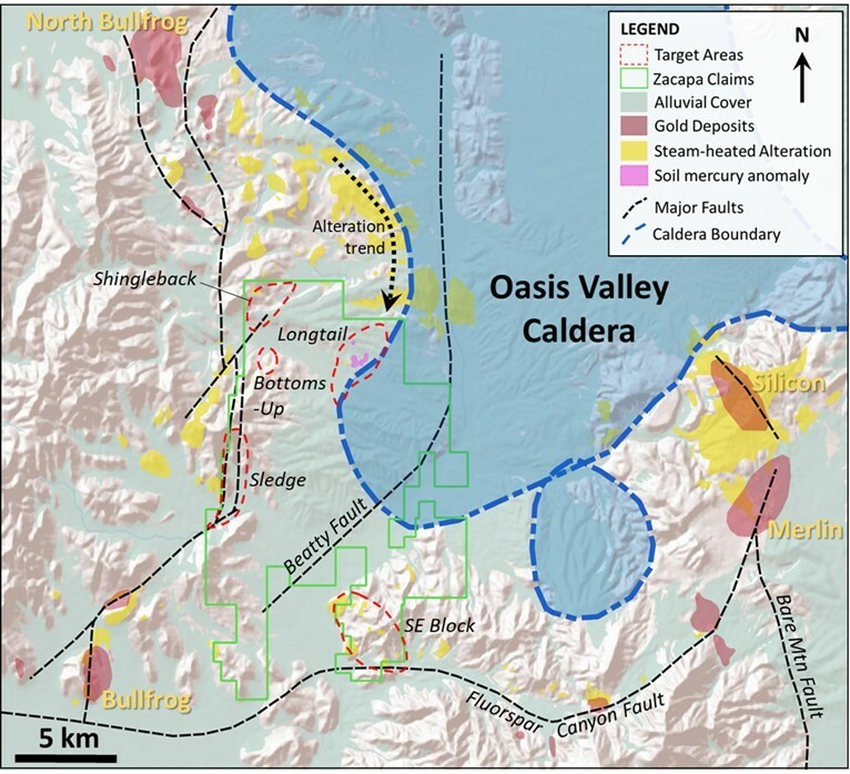 Figure 1 – Beatty District shaded relief map showing major gold deposits and areas of steam heated alteration in relation to major structures. A strong zone of alteration occurs north of Zacapa’s claims and appears to continue south under cover toward the Longtail target area. The Longtail mercury in soil anomaly is also displayed illustrating areas with values more than three standard deviations above mean. The locations of faults are approximate or inferred, especially where under cover. The Oasis Valley caldera boundary is modified from Coolbaugh et al., 2020(14). Deposit shapes reflect approximate areas of disturbance and should not be interpreted to indicate the size or shape of the orebody. (CNW Group/Zacapa Resources)