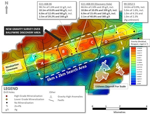 Exhibit 1. Plan Map of New Gravity Survey vs. Historic Gravity Anomalies ‘A’ to ‘D’ at Ballywire (CNW Group/Group Eleven Resources Corp.)