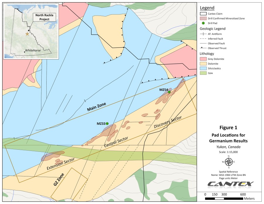 Figure 1, Pad locations for germanium results. (CNW Group/Cantex Mine Development Corp.)