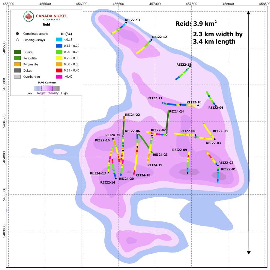 Figure 1 - Reid - CNC Drillholes Over Total Magnetic Intensity (CNW Group/Canada Nickel Company Inc.)