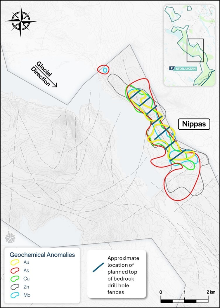 Figure 1: BNippas Project oT drilling plan and glacial till anomalies. (CNW Group/First Nordic Metals Corp.)