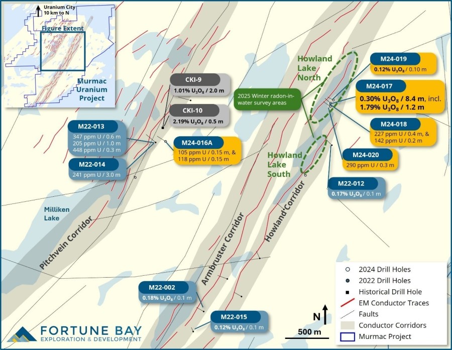 Figure 1: Location of 2024 Murmac drill holes (prefix M24), including assay highlights. (CNW Group/Fortune Bay Corp.)