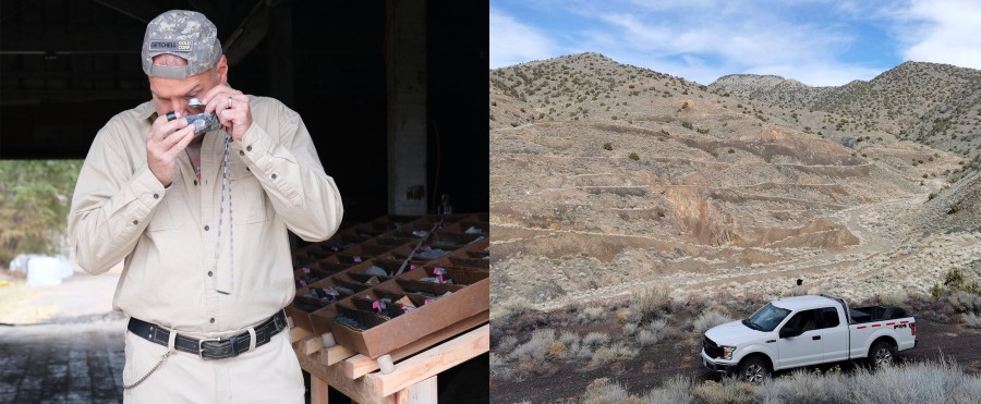 Figure 1: (left) President Mike Sieb reviewing drill core; and (right) Fondaway Canyon looking NE (CNW Group/Getchell Gold Corp.)