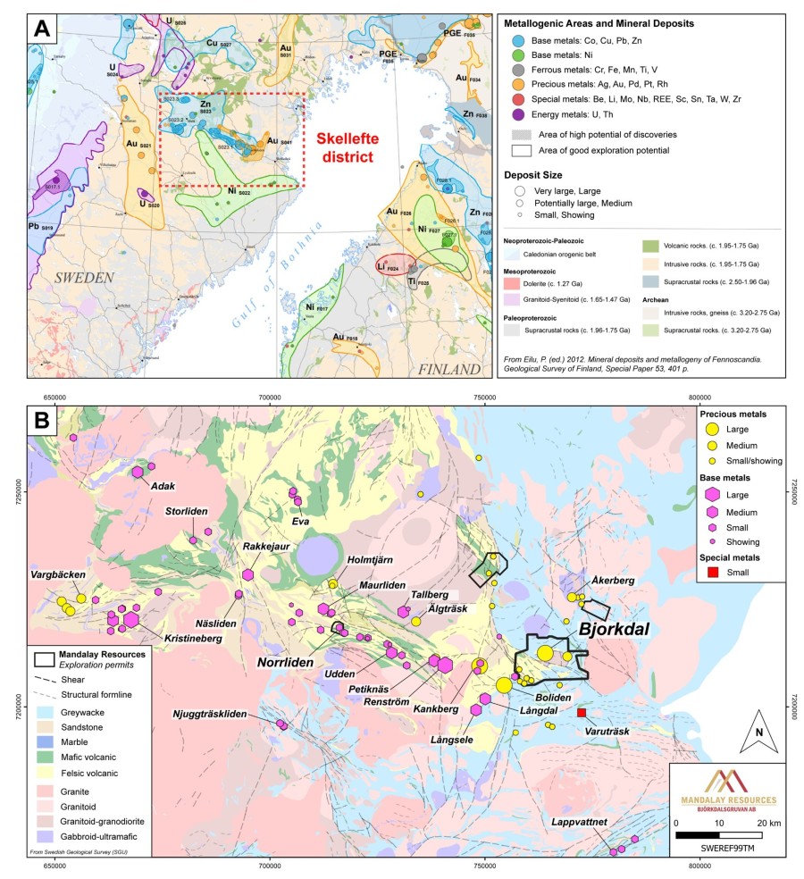 Figure 1. Metallogenic Map of northern Sweden highlighting the location of the Skellefte district (A) and the Geological map of the Skellefte District displaying Mineral Deposits (B) as described in the Fennoscandian Ore Deposit Database (FODD, Eilu 2012). (CNW Group/Mandalay Resources Corporation)